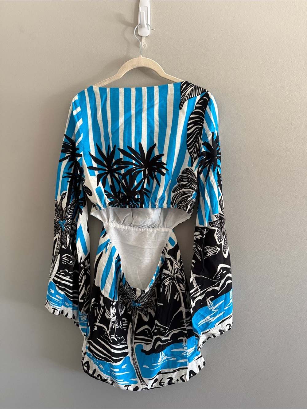 Tropical Palm Print Mini Dress in Bright Blue & Black - Picture 7 of 7